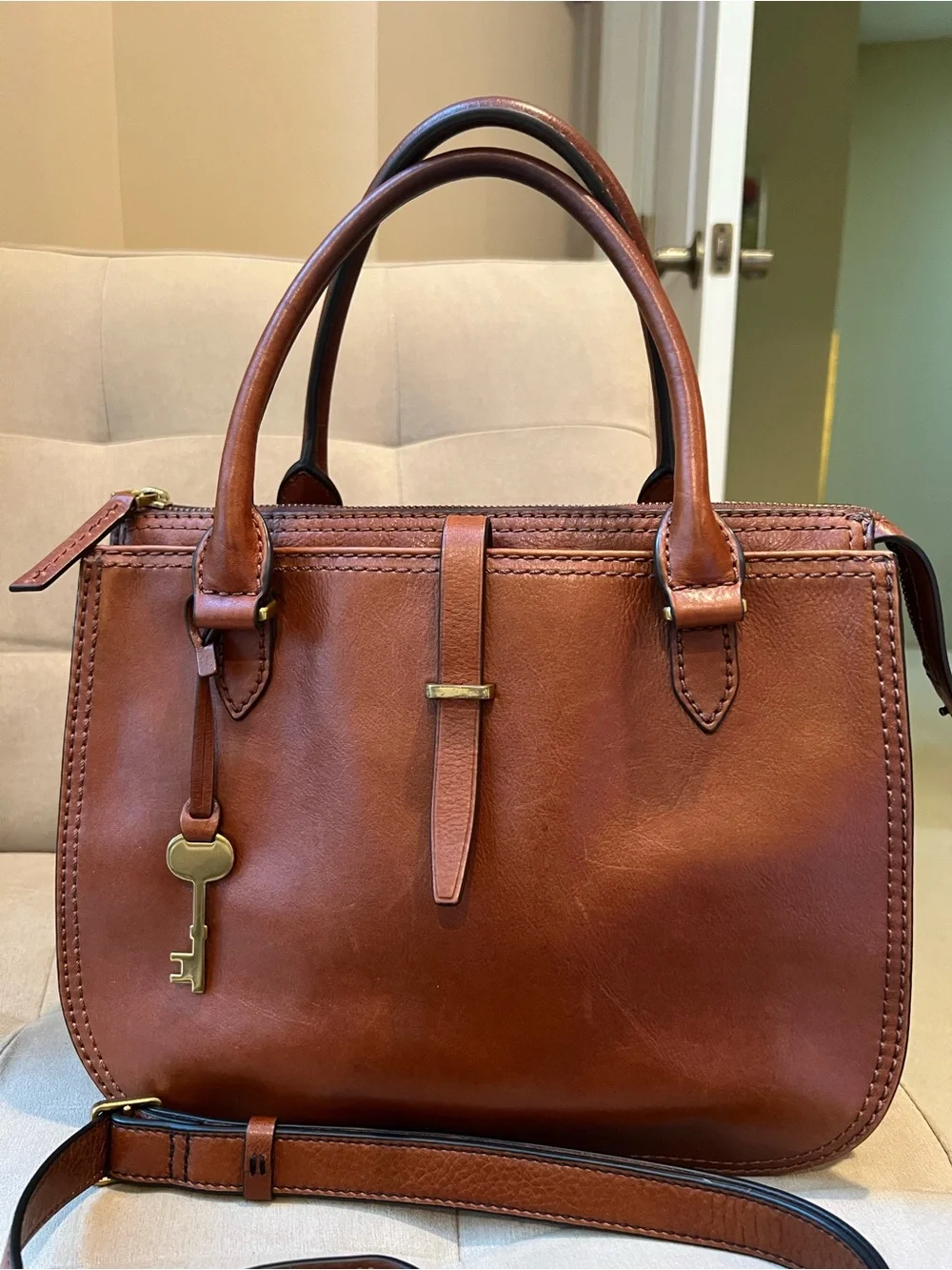 Fossil Cognac Brown Leather Satchel with Key Charm